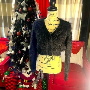 Black cropped furry button front sweater